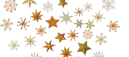 new year pattern. Christmas theme, golden openwork shiny snowflakes, star, 3D rendering.