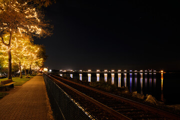 White Rock's waterfront with colourful lights on pier and trees.
