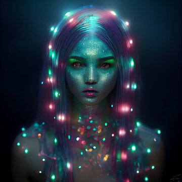 Ai generated illustration of a neon light up mermaid underwater creature 