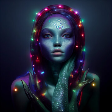 Ai generated illustration of a neon light up mermaid underwater creature 