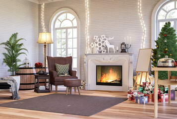 Fototapeta premium Vintage style living room with christmas concept 3d render,The room has white brick wall wooden floors decorated with luxury fireplace,The arched windows look out to the snow scene.