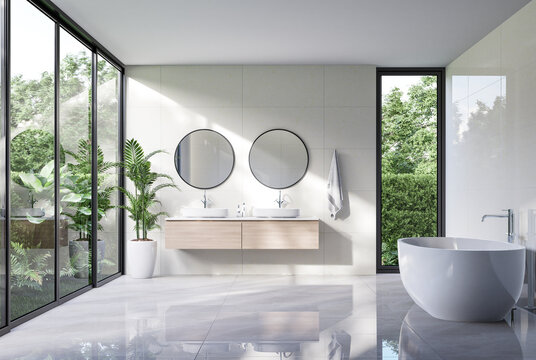Modern luxury white bathroom with tropical style garden view 3d render,There are marble floor decorated with wooden sink counter sunlight shine into the room