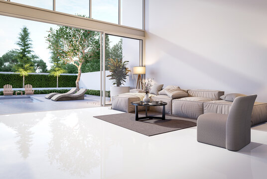 Modern living room with pool terrace background 3d render,The Rooms white floors ,decorated with brown furniture,There are large open sliding door Overlooking swimming pool and nature view.
