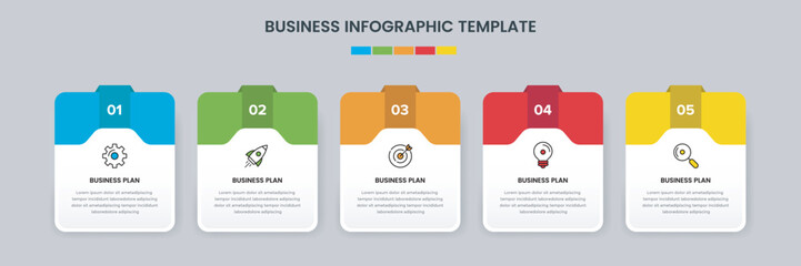 Business infographic design template with icons and 5 options or steps. Can be used for workflow, presentation, etc. Vector illustration