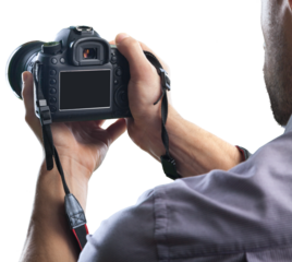 Man photographer with camera isolated on white background