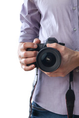 Man photographer with camera isolated on white background