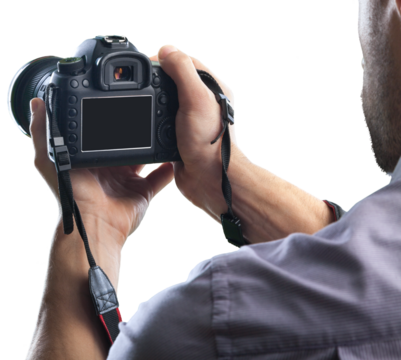 Man photographer with camera isolated on white background
