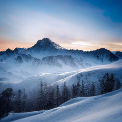 Snow-capped mountain peaks in winter Digital illustration