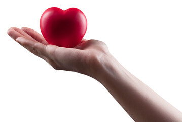 Obraz premium Businessman's hand holds medical a red heart isolated on white background