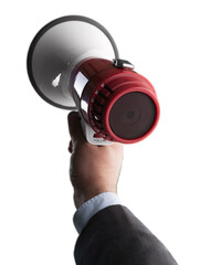 businessman hand shouting into a megaphone isolated on white background