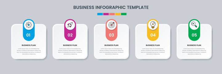 Business infographic design template with icons and 5 options or steps. Can be used for workflow, presentation, etc. Vector illustration