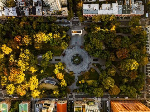 Aerial Top Down View Of Washington Square Park In New York City In Autumn, Morning Light