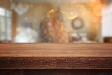 Wooden table with Christmas or new year background