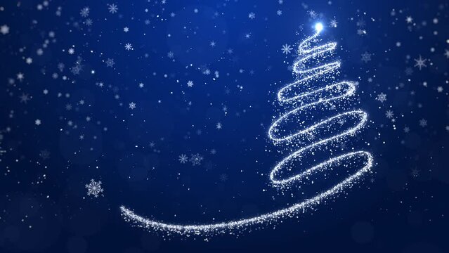 Merry Christmas concept greeting video card gifts. Christmas tree with shining light with particles, falling snowflakes, and stars, 4K video blue background