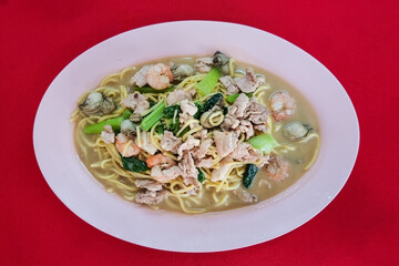 Overhead view of authentic Penang fried hokkien mee or noodle served in plate
