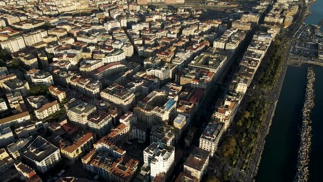Aerial view of Salerno downtown along the coast, Campania, Italy.