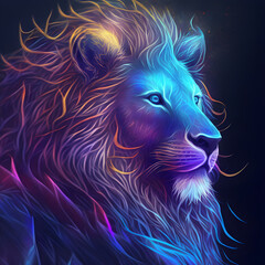 Neon bright portrait of a lion in a hand drawn style