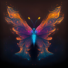 Fototapeta na wymiar Neon bright portrait of a cute butterfly in a hand drawn style