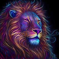 Fototapeta na wymiar Neon bright portrait of a lion in a hand drawn style