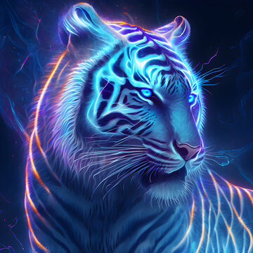 Neon Bright Portrait Of A Tiger In A Hand Drawn Style