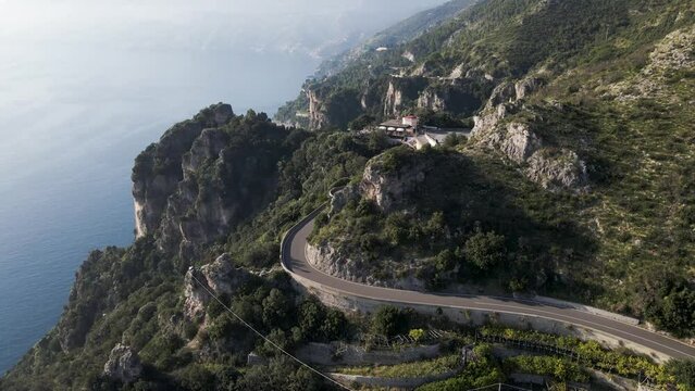 Aerial view of the Amalfi coast drive on the mountain along the coastline, Salerno, Campania, Italy.