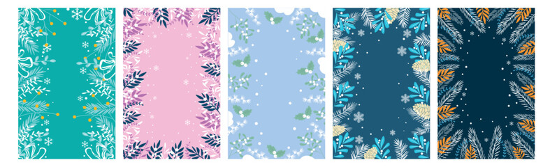 Fototapeta na wymiar Collage of Christmas banners for design with floral decor on color background
