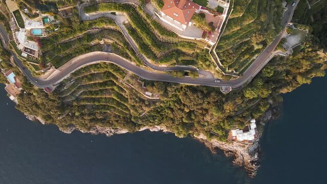 Aerial view of agriculture terrace facing the Mediterranean Sea on Amalfi Coast, Salerno, Campania, Italy.
