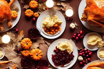 Thanksgiving Turkey Dinner, Pumpkin and Apple Pie, Cranberry, Stuffing, Mashed Potatoes, Gravy, Pumpkins, Yams Seamless Texture Pattern Tiled Repeatable Tessellation Background Image