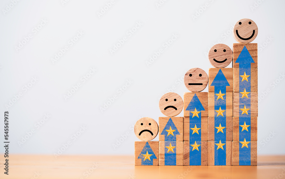 Poster Emotion face since very smile regular and sad on increasing wooden stacking with up arrow and star level for client evaluation after customer use product and service concept.