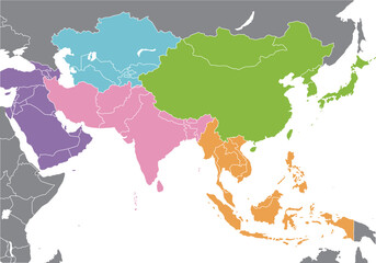 東アジア、東南アジア、中央アジア、南アジア、西アジア、国連によるアジアの地域区分