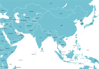 アジア全域の地図、国境線、日本語の国名
