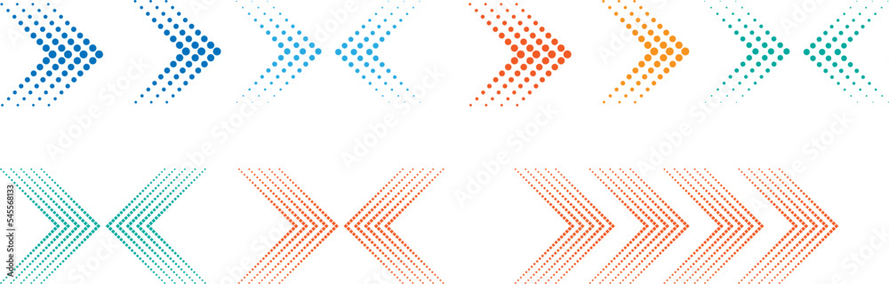 Poster dotted arrow icon set. gradient dot vector isolated elements. arrows halftone effect on white backgr