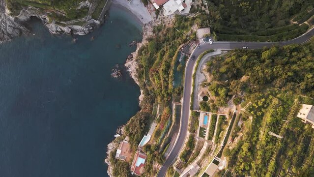 Aerial view of agriculture terrace facing the Mediterranean Sea on Amalfi Coast, Salerno, Campania, Italy.
