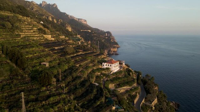 Aerial view of the Amalfi Coast at sunset, Salerno, Campania, Italy.