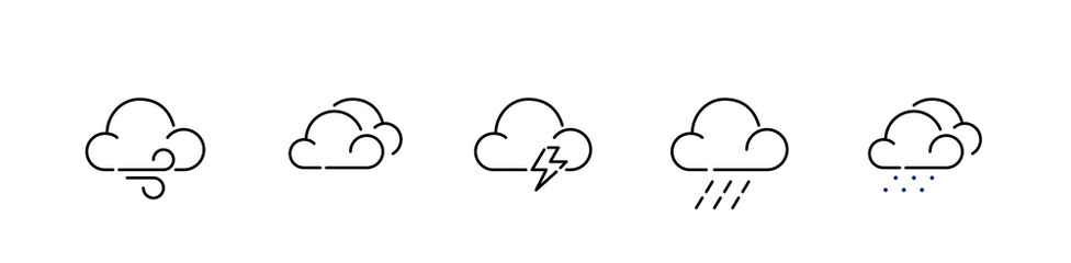 Set of bad weather icons. Cloudy, thunderstorm and rain. Pixel perfect, editable stroke designs