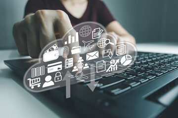 Concept global data connection with internet technology, users are using labtop for online transactions by internet technology, big data, database management, cloud computing, cashless society.