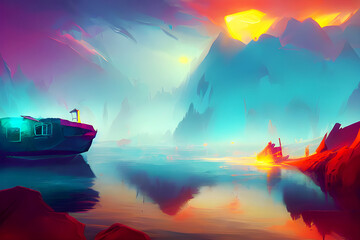 Colorful Sunset on a Ship - Fantasy Graphic Art

