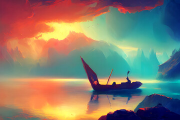 Wooden Canoe Sailing on a Colorful Lake - Fantasy Graphic Art

