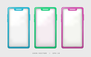 3d smartphone vector with various colors, blue, green, and pink