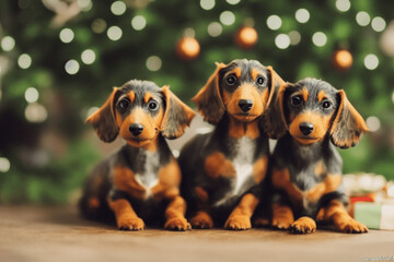 Dachshund Puppies Christmas- AI Generated - obrazy, fototapety, plakaty