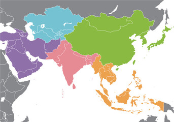 Fototapeta na wymiar 東アジア、東南アジア、中央アジア、南アジア、西アジア、よく使われるアジアの地域区分