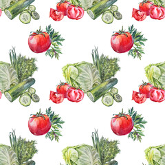Seamless pattern watercolor green and red vegetable on white background. Dill, leek cucumber cabbage and tomato. Hand-drawn greenery. Vegetarian salad. Vegan food. Art for cookbook or wrapping