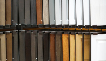 wood cabinet door samples in market in a row