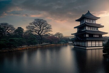 Obraz premium Japanese pavilion in the morning / sunset, japan, castle, architecture, asia, china, building, palace, japanese, temple, travel, osaka, ancient, sky, water, samurai, traditional, culture, tower