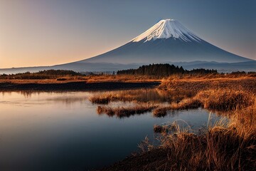 Fototapeta na wymiar Sunrise Serenity: A Kimoicore Landscape of Mt. Fuji Reflecting on a Field
