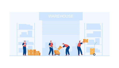 Employees working at warehouse.  Vector illustration