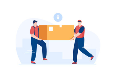 Warehouse workers moving boxes. Employee arranging boxes. Vector illustration