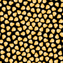 Corn kernels seamless pattern. Raw Popcorn grain on black background.