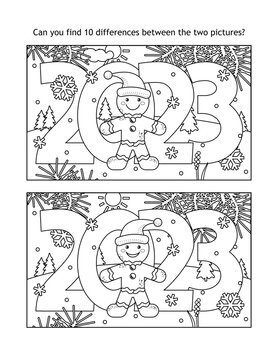 Year 2023 find ten differences picture puzzle and coloring page with gingerbread man and winter scene
