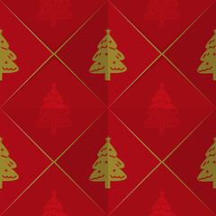Fototapeta na wymiar Chirstmas seamless pattern, gold christmas fir on red.
